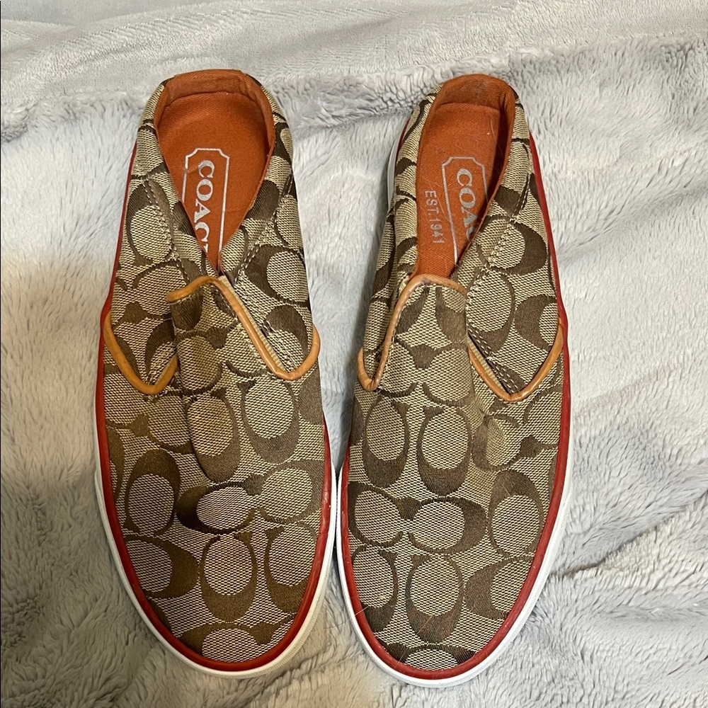 Coach Tan and Red Slip-On Sneakers